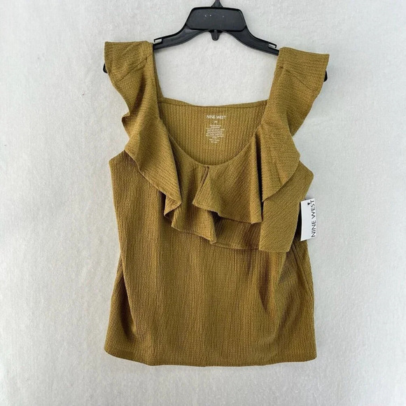 Nine West Blouse Women's Sz M Yellow V-Neck Textured Ruffle Front Sleeveless - Picture 1 of 9